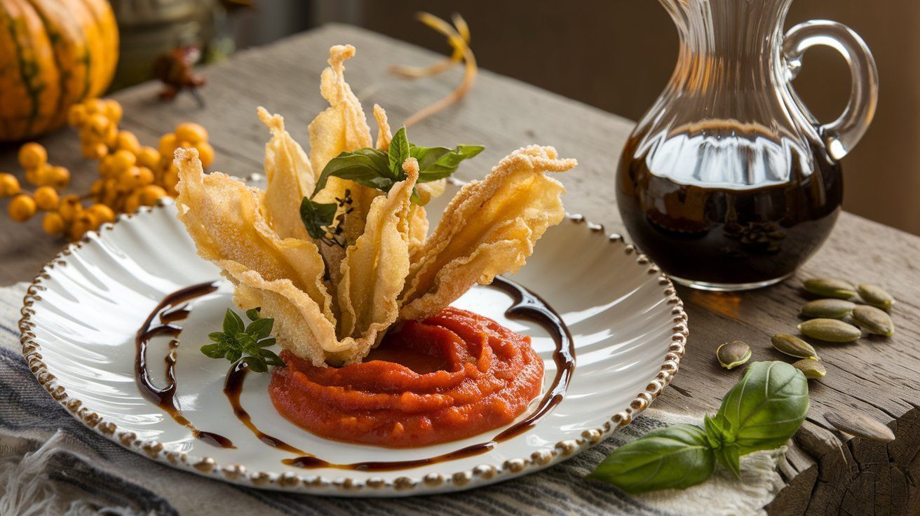 Picture Fried Squash Blossoms with Tomato Sauce