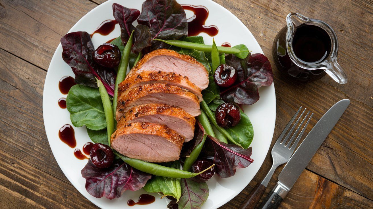 Picture Salad of roast duck with pickled cherries, baby green beans and red chard