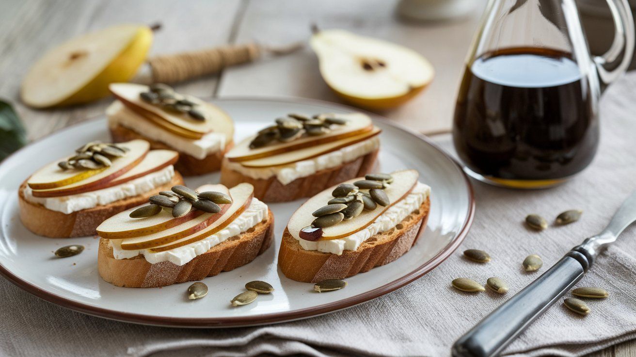 Picture Stilton-Pear Crostini drizzled with Pumpkin Seeds